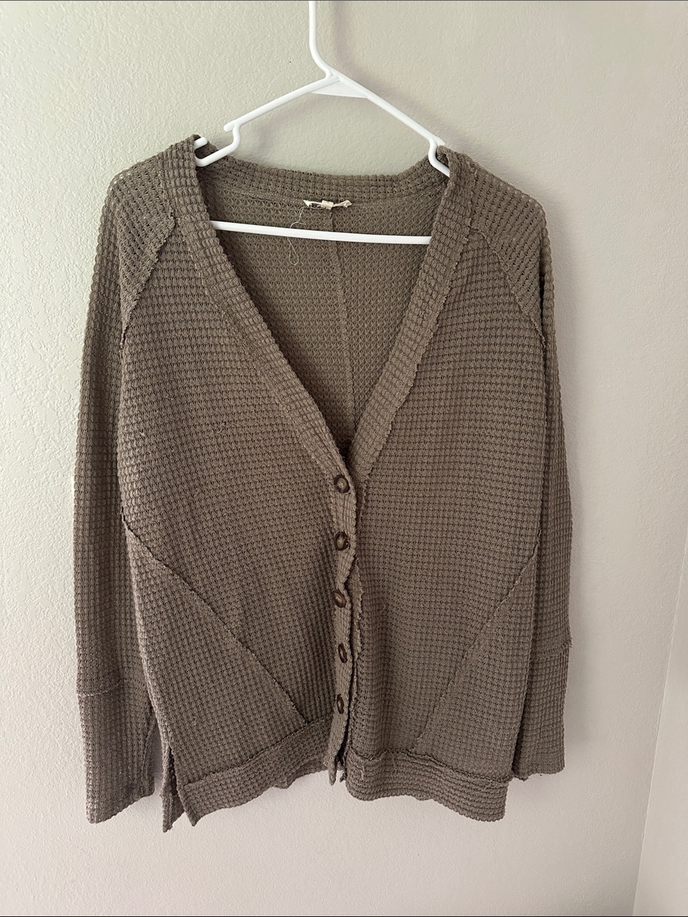 Waffle-Knit Button Front Cardigan - Taupe